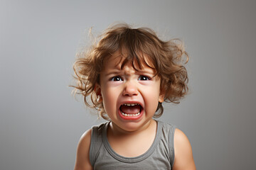 Upset crying misunderstood stressed sad baby toddler on studio background. Worried baby unrequited love or war. Social economic psychological age problems parenting concept