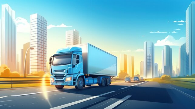 vector art of delivery logistics or movers service truck van driving on city highway