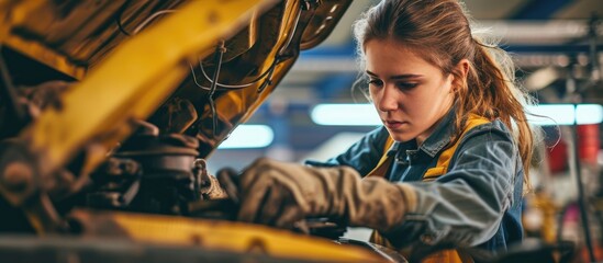 Female student learning car brake repair in college auto mechanic program. - obrazy, fototapety, plakaty