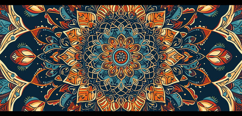 Generate a mandala design that combines traditional and modern elements, using a mix of sharp and smooth lines. The background should be a solid color to leave room on the top for adding text later.