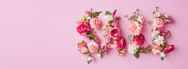Text sale made of fresh spring flowers on pink colored background, top view. Creative banner for sale and discounts in store, 3d render style.