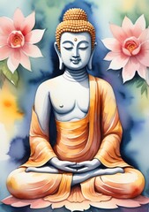 Buddha Statue With Lotus Flowers On Watercolor Background