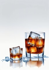 A Glass Of Whiskey And Ice On A White Background