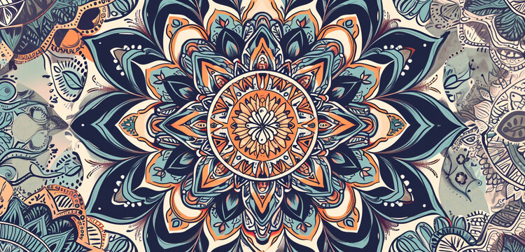 Illustrate an intricate mandala with a calming color palette, incorporating detailed line work and abstract shapes. The design should be centered, leaving clear space on the right side for text.