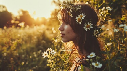 Beautiful Young Woman Background with Flowers in her Hair and Walking through a Field - Happy Style with Soft and Dreamy Scene Lighting - Girl Summer Wallpaper created with Generative AI Technology