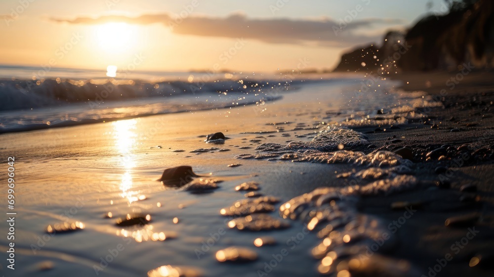 Aufkleber a close up of water on a beach with a sun setting in the background and a few small rocks in the for