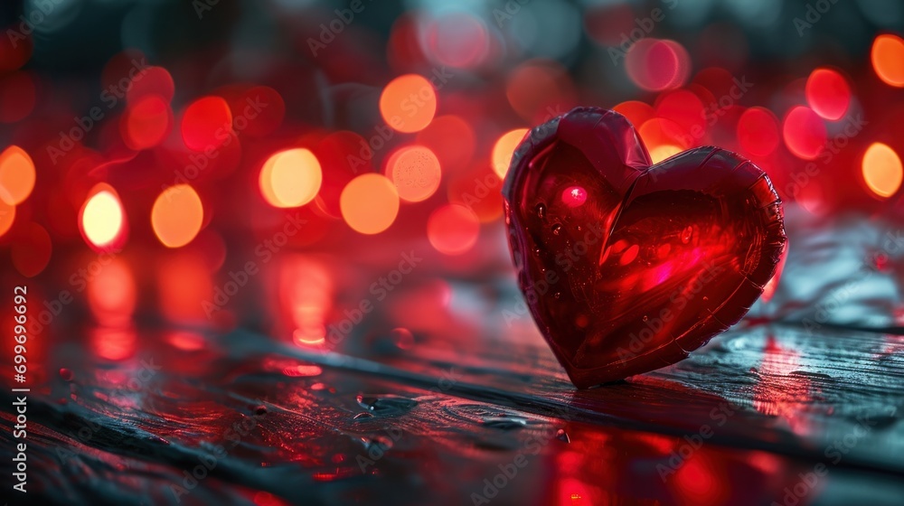 Poster a red heart sitting on top of a wooden table next to a row of red and white lights in the background