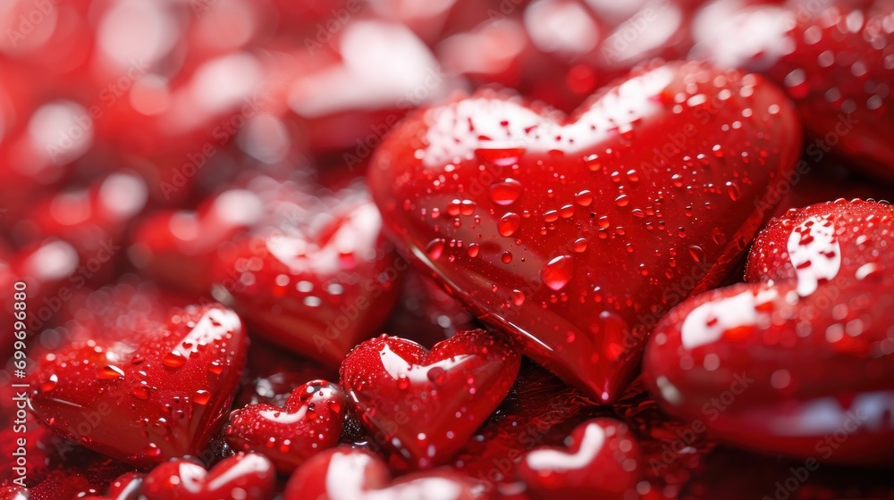 Poster a bunch of red hearts with drops of water on them and a background of red and white hearts with drop