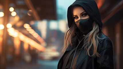 Woman with gas mask and hoodie AI generated image