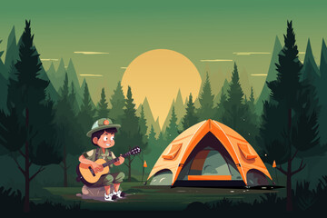 Vector Illustration Of Cartoon Kids Summer Camp.