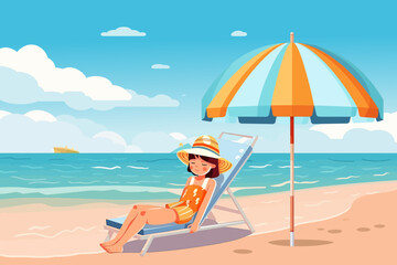 Obraz na płótnie Canvas Summer Holiday With Cartoon Kids. Beach Vector Illustration.