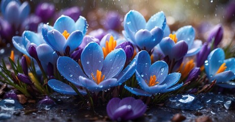 Gorgeous blue crocuses glistening with raindrops, capturing the essence of spring in a delightful floral composition - obrazy, fototapety, plakaty