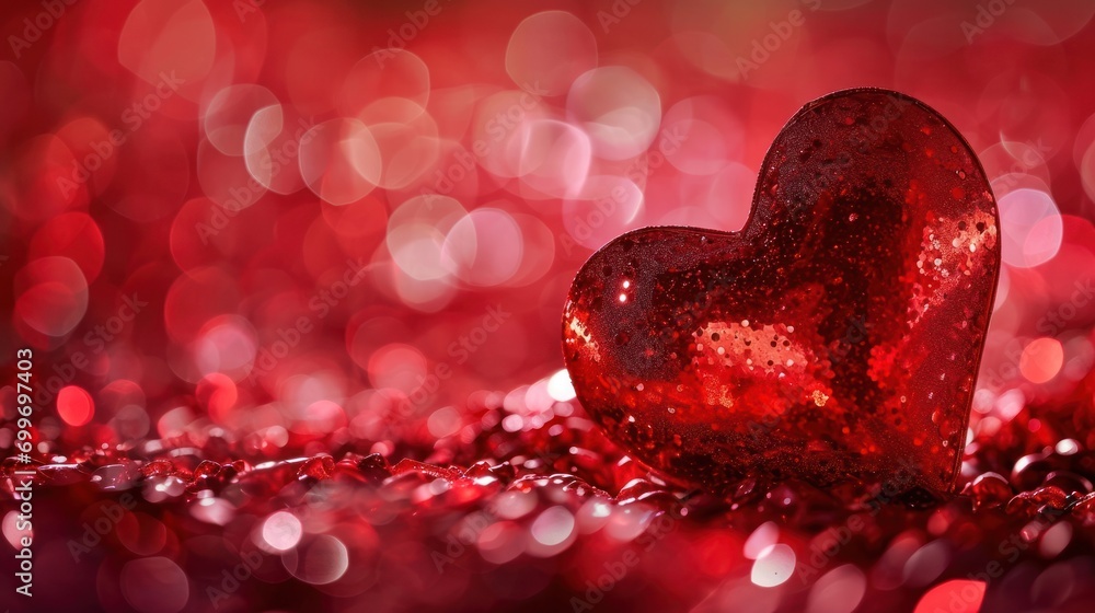 Poster a red heart shaped object sitting on top of a pile of shiny red and pink glittered material in front