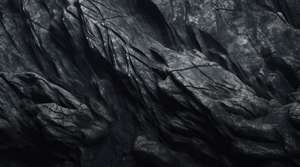 Volumetric rock texture with cracks. Black stone background with copy space for design. Wide banner. Design concept. Banner concept. Art concept. Rock concept. Background concept. Texture concept.