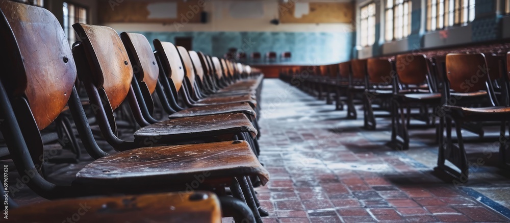 Poster university classroom with rows of chairs and desks captured in a wide angle shot.