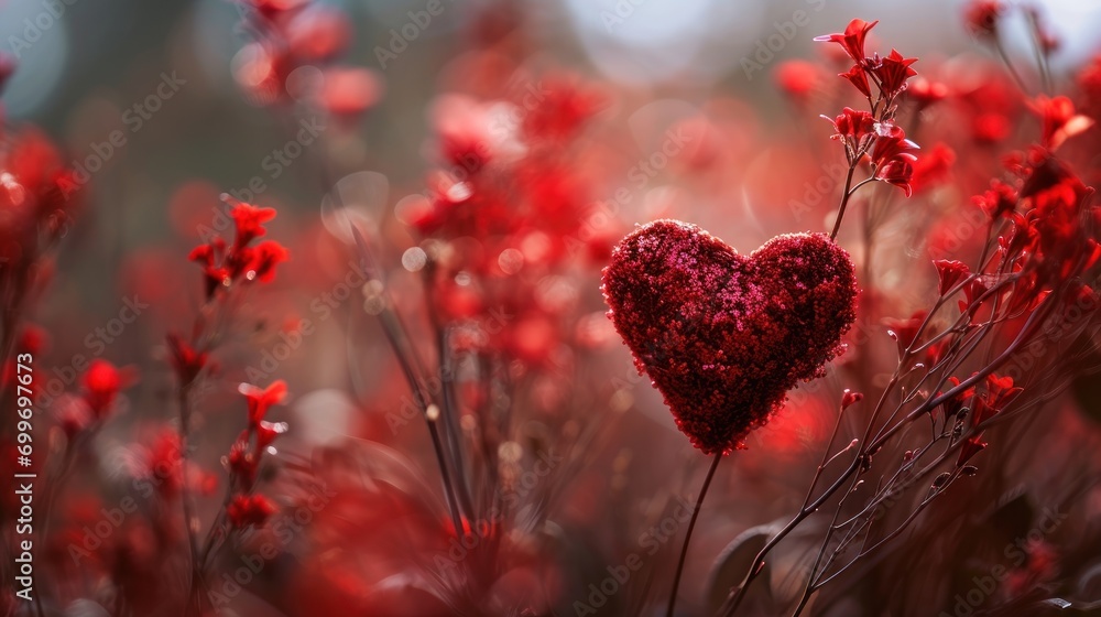Poster a close up of a heart shaped object in the middle of a field of flowers with a blurry background.