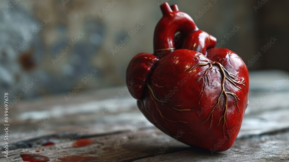 Aufkleber a red heart sitting on top of a table next to a piece of paper with a drawing of a heart on it.