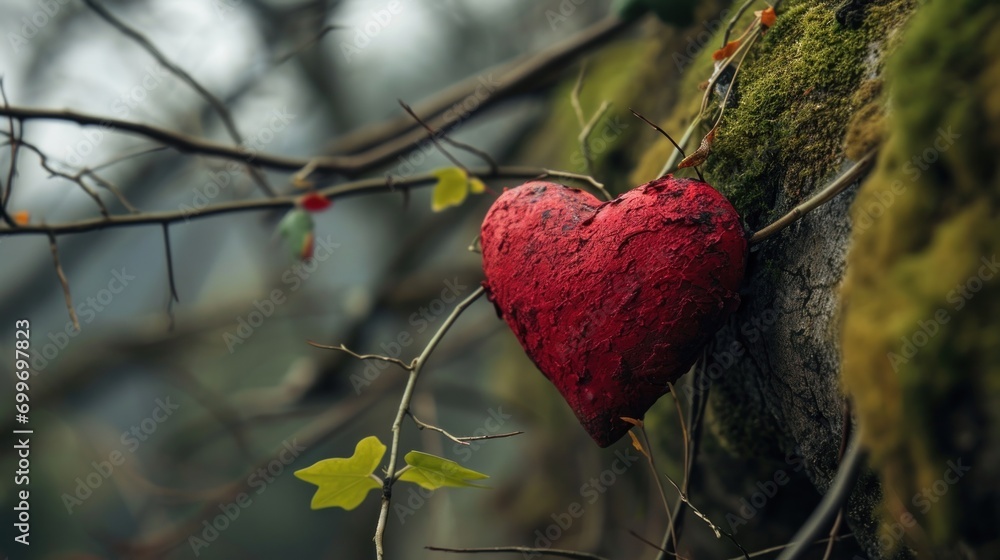 Poster a red heart sitting on top of a tree branch next to a moss covered tree branch with leaves on it.