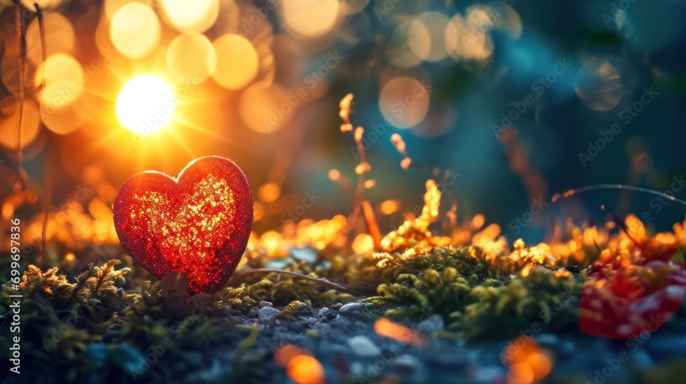 Poster a red heart sitting in the middle of a field of grass with the sun shining through the trees in the 