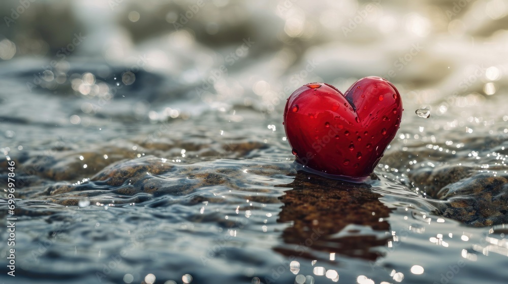 Aufkleber a heart shaped object floating on top of a body of water with drops of water on the bottom of it.