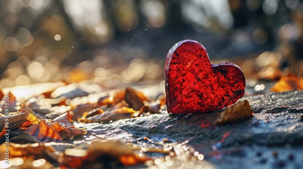 Poster a red heart shaped object sitting on top of a pile of leaves in the middle of a field of leaves.