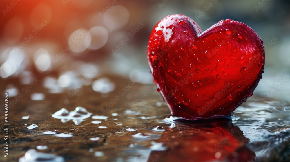 Poster a red heart shaped object floating on top of a body of water with drops of water on the bottom of it