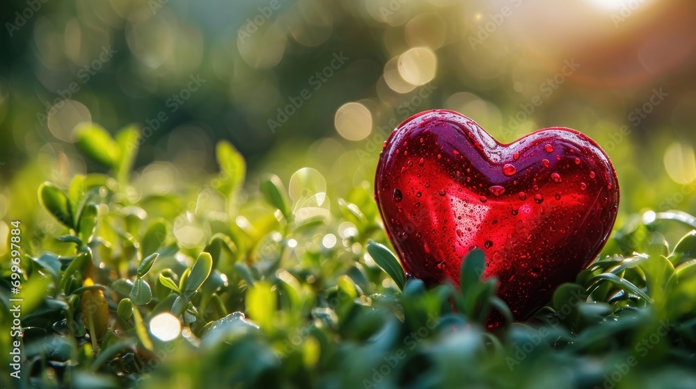Poster a red heart shaped object sitting in the middle of a field of grass with water droplets on it's surf
