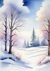 A Painting Of A Snowy Landscape With Trees
