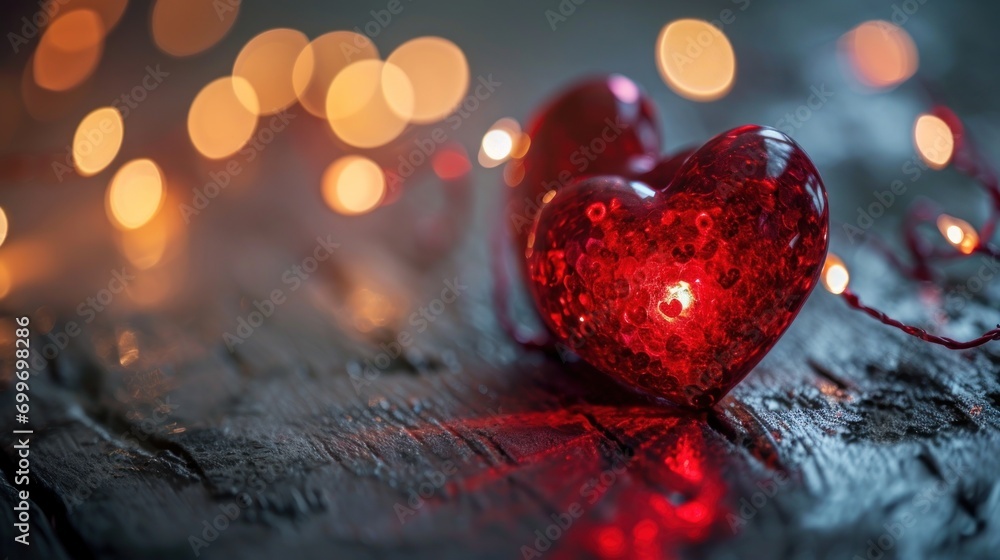 Poster a red heart sitting on top of a wooden table next to a string of lights and a string of lights behin