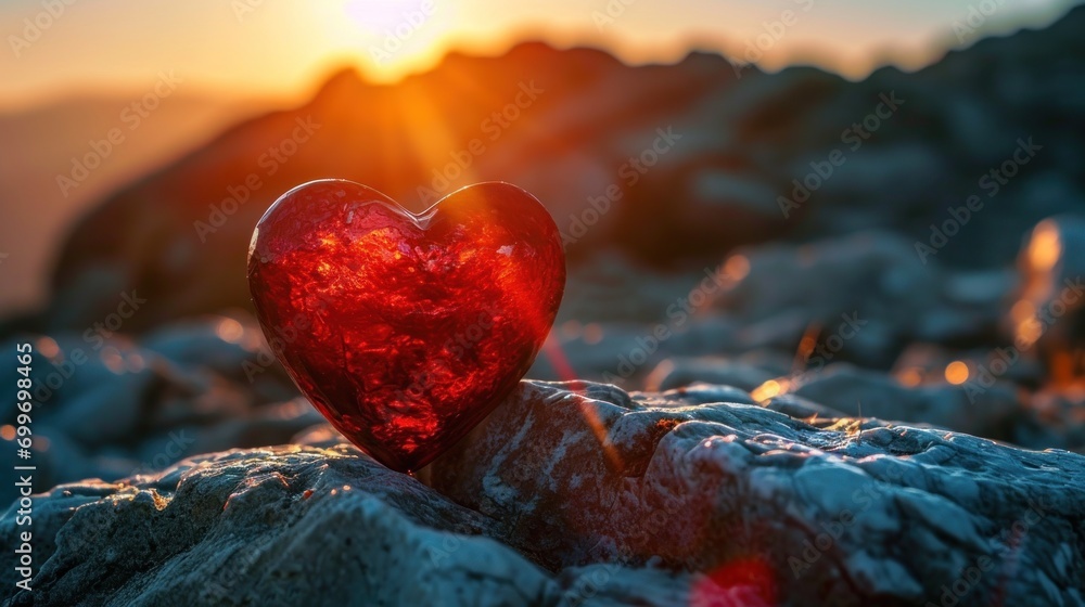 Poster a red heart sitting on top of a pile of rocks in the middle of a mountain with the sun setting in th