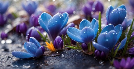 Springtime magic Blue crocuses bedazzled with raindrops, creating a stunning visual symphony against the backdrop of falling rain