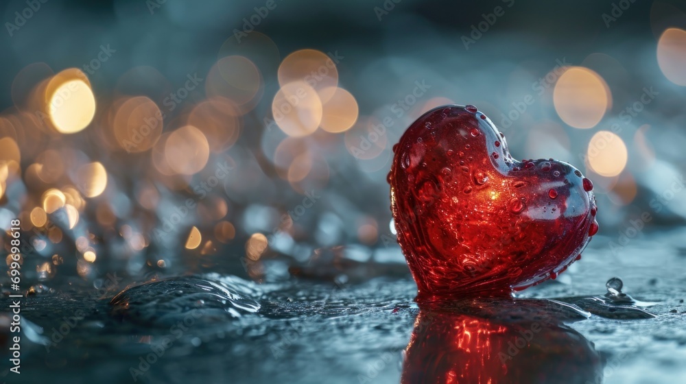 Poster a close up of a heart shaped object on a wet surface with water droplets on it and boke of lights in