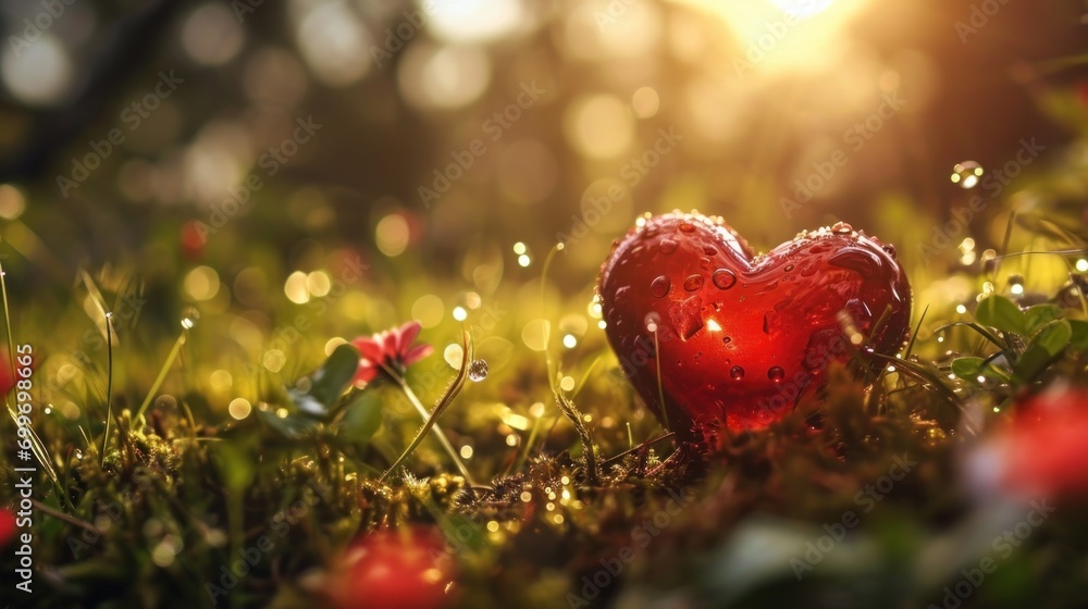 Poster a red heart sitting in the middle of a field of grass with flowers in the foreground and the sun shi