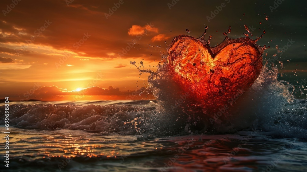 Poster a heart shaped object in the middle of a body of water with the sun setting in the distance behind i