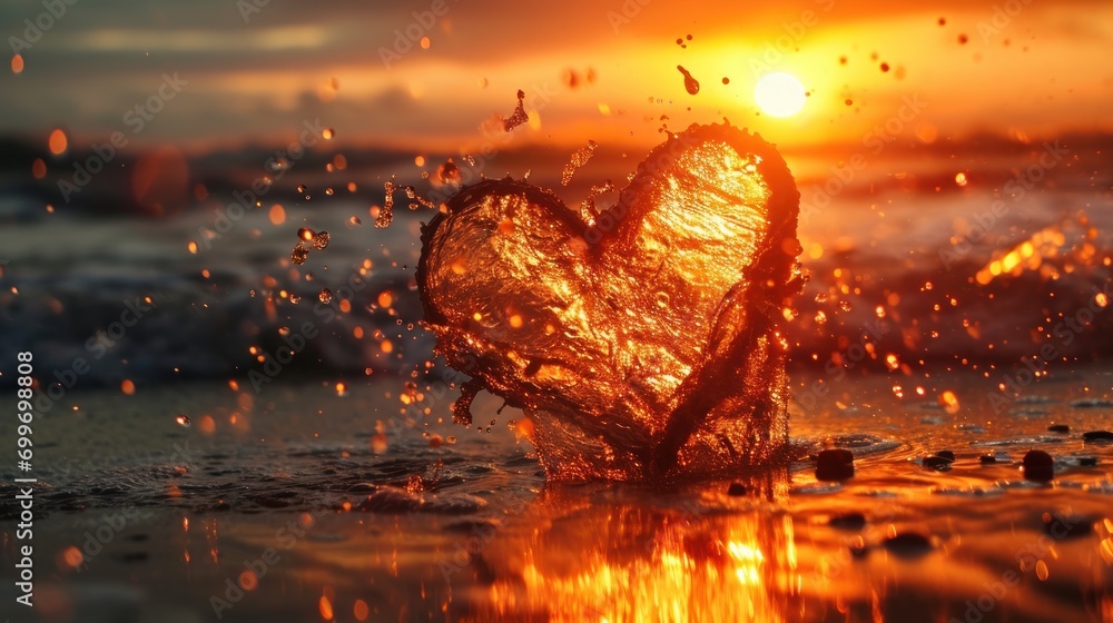 Aufkleber a heart shaped object floating on top of a body of water with the sun setting in the distance behind
