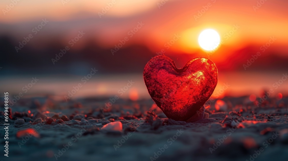 Aufkleber a heart shaped object sitting in the middle of a field with the sun setting in the sky in the backgr