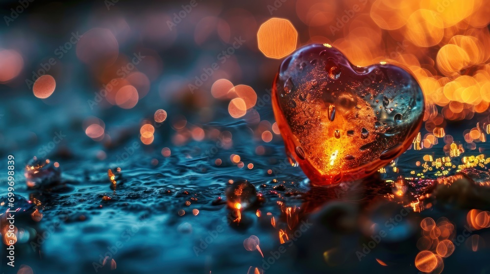 Aufkleber a close up of a heart shaped object on a wet surface with a blurry background and boke of lights in 