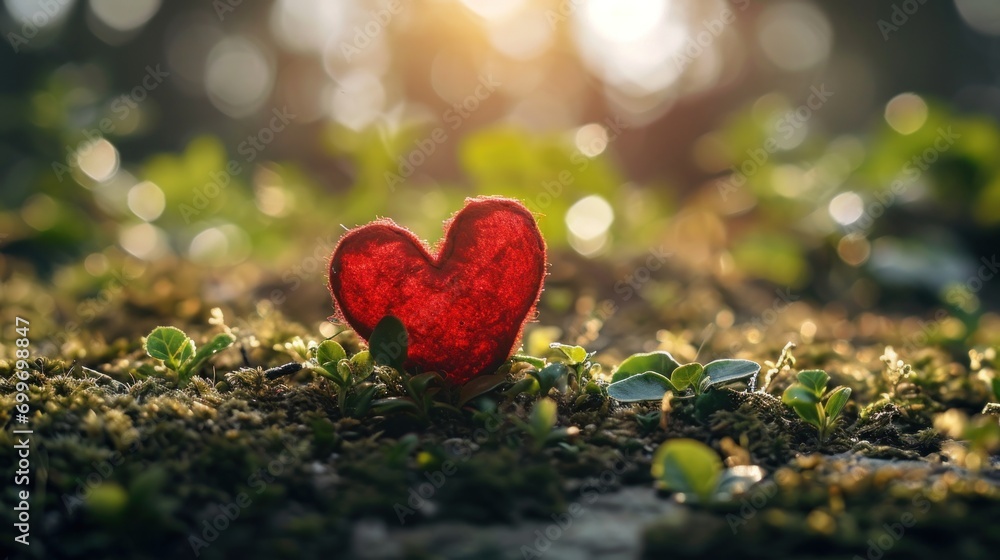 Poster a red heart sitting in the middle of a patch of grass with sunlight shining through the trees in the