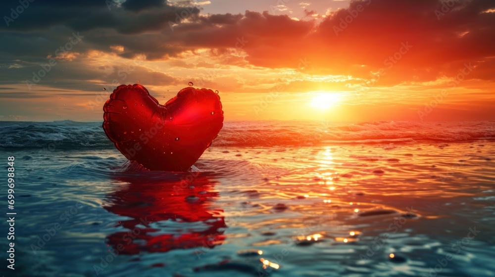 Poster a heart shaped object floating on top of a body of water in front of a sun set over the ocean.