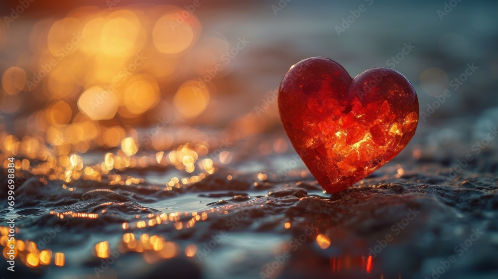 Poster a red heart shaped object floating on top of a body of water in front of a blurry background of ligh