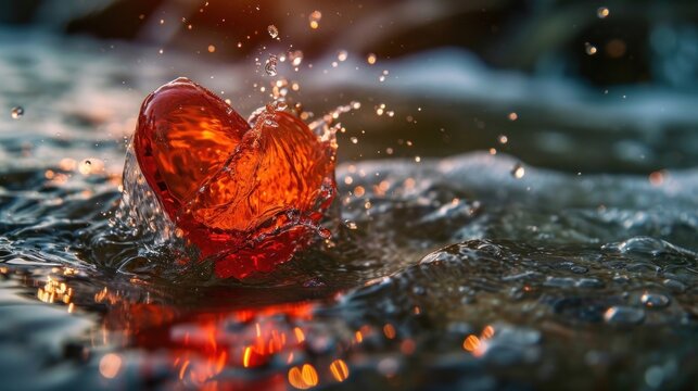  a heart shaped piece of glass floating on top of a body of water with a splash of water around it.