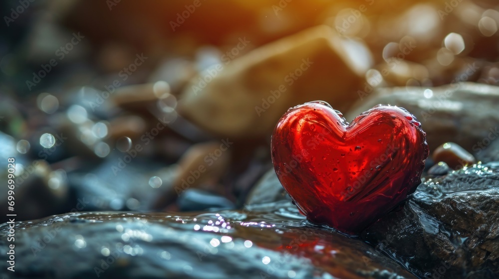 Aufkleber a red heart shaped object sitting on top of a pile of rocks in the middle of a stream of water.