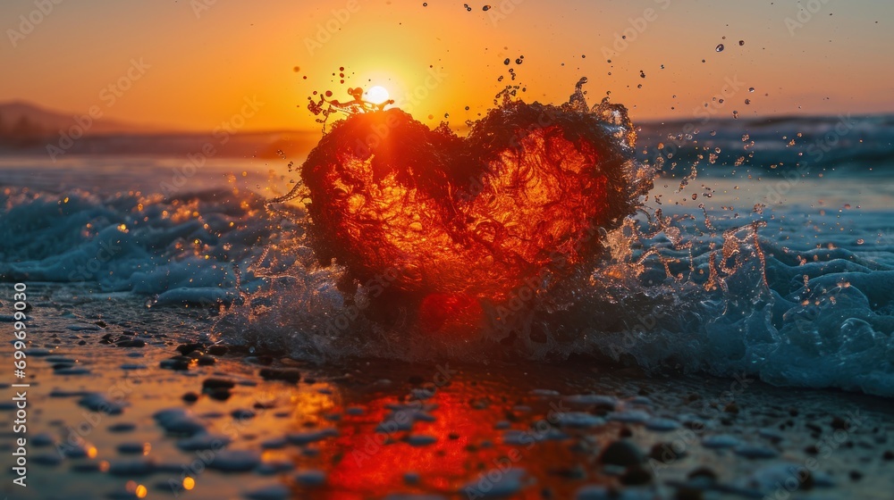 Poster a heart shaped object in the middle of a body of water with the sun setting in the distance behind i