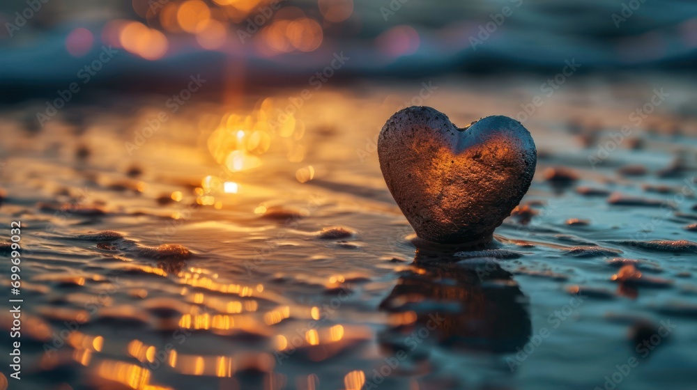 Poster a heart shaped object floating on top of a body of water with a sun setting in the distance behind i