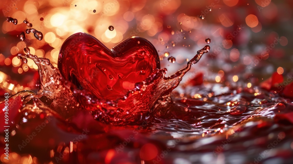 Aufkleber a red heart splashing out of water on top of a red and gold background with a splash of water on top