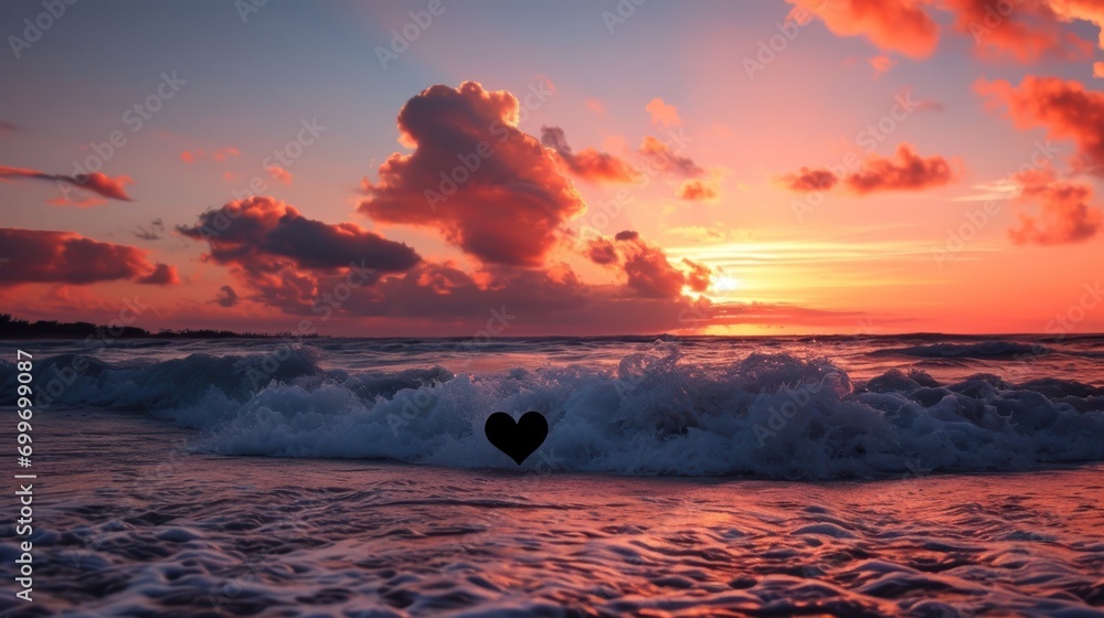 Poster a heart shaped object in the middle of a body of water with the sun setting in the background and cl