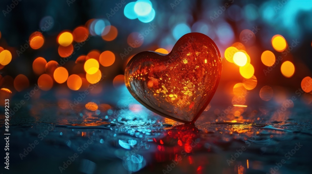 Poster a close up of a heart shaped object on a wet surface with boke lights in the backround.