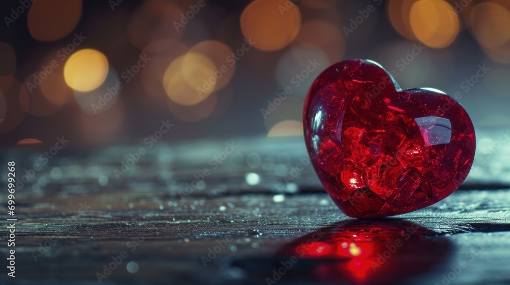 Poster a close up of a heart shaped object on a wooden surface with a blurry background of lights in the ba