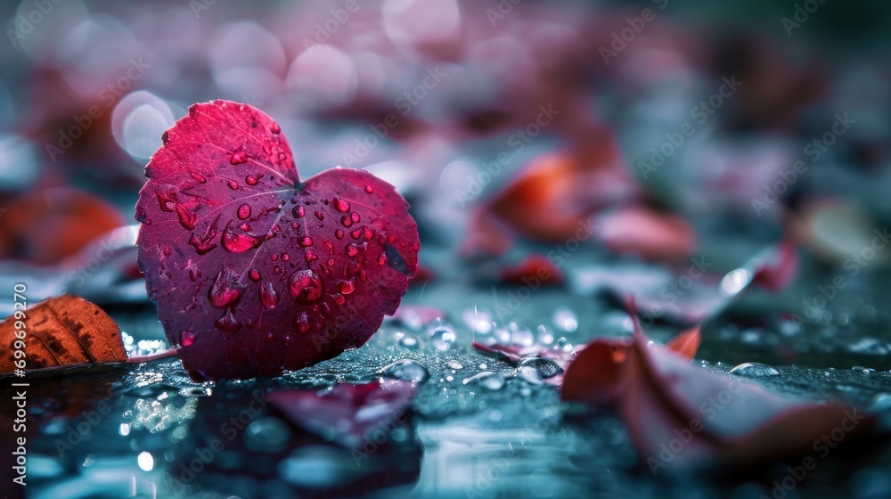Poster a close up of a heart shaped object on a wet surface with drops of water on the top of it.