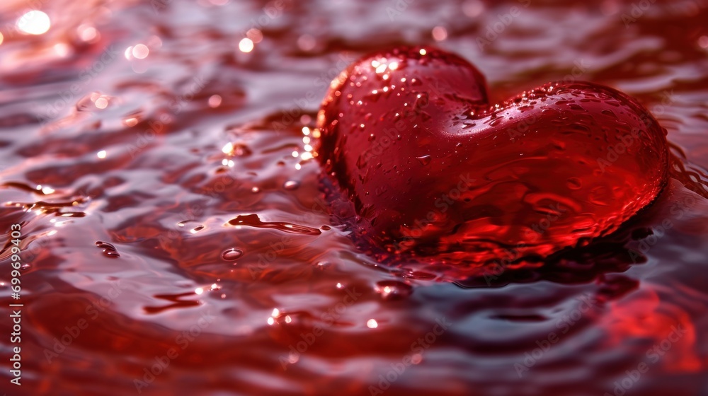 Aufkleber a red heart shaped object floating on top of a body of water with drops of water on top of it.
